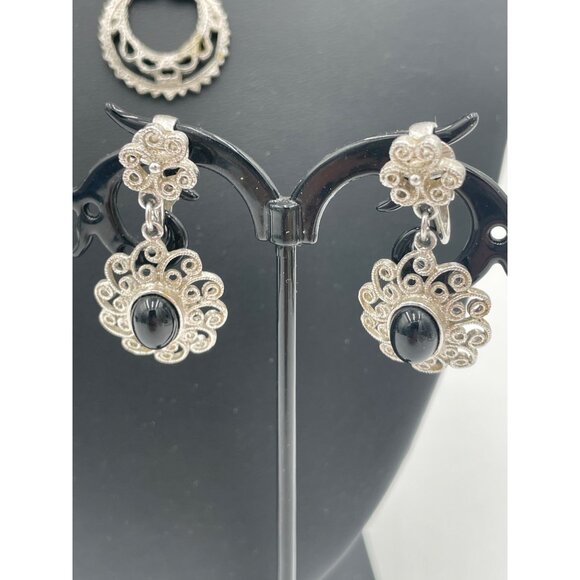 Silver Filigree Necklace & Earrings Set Black Stone Cabochons Signed Amway - Picture 3 of 4